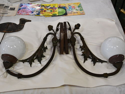 Pair Bracket Lights | Period: Victorian 1890s | Material: Brass brackets with glass shades