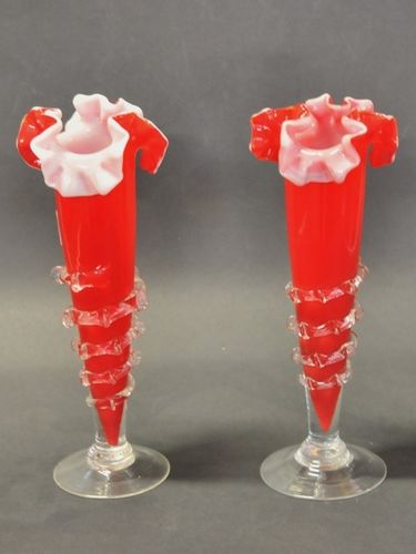 Pair Cased Vases | Period: Victorian | Material: Cased red over white glass.