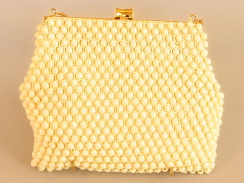 Cream Beaded Bag | Period: 1960s | Material: Beads with gold chain handle
