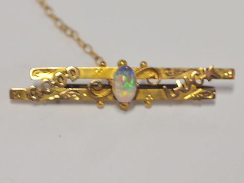 'Good Luck' Brooch | Period: 1888- 1925 | Make: Rollason & Co. Ltd. | Material: 9ct gold & cabachon cut opal