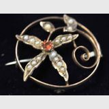Australian Gold Brooch | Period: c1920s | Make: Willis & Sons, Melbourne, Victoria | Material: 9ct gold, garnet & seed pearls.