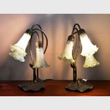 Pair Tulip Lamps | Period: 1970s | Material: Bronze base with leaf pattern art glass shades