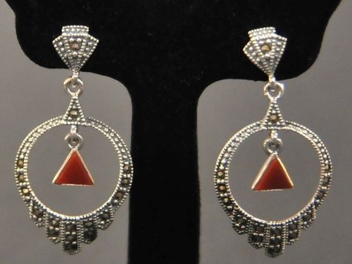 Earrings | Period: New | Material: Sterling Silver, Marcasite and Red Carnelian