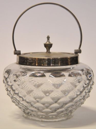 Biscuit Barrel | Period: Victorian c1900 | Make: J B C & S Ltd | Material: Heavy Pressed Glass and EPNS mounts
