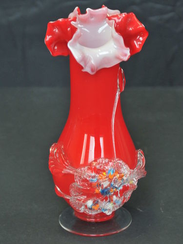 Cased Vase | Period: Victorian | Material: Glass | Red over white with applied floral decoration