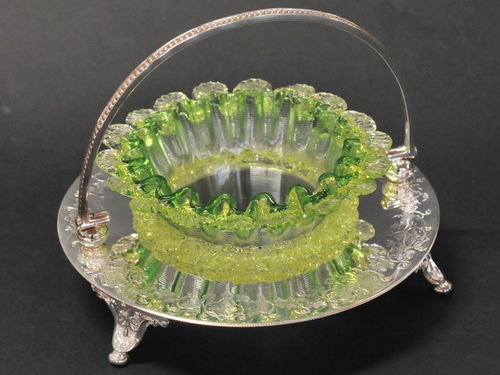 Uranium Glass Dish on Stand | Period: Victorian c1880 | Make: Made for A. Saunders, Sydney | Material: Uranium glass and engraved  EPNS.