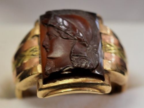 Carved Sard Ring | Period: c1945 | Make: Cast and Handmade | Material: 10ct rose and yellow gold set with carved sard.