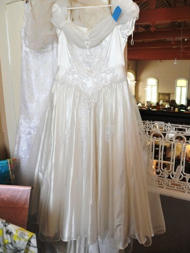 Wedding Dress and Veil | Period: c1980s | Material: Satin, beaded brocade