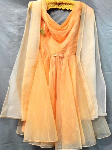 Peach Party Dress | Period: c1950s | Make: Coral Lea | Material: Nylon overlay with satin petticoat