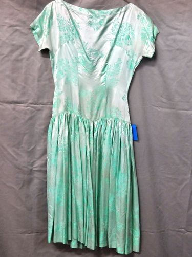 Party Dress | Period: c1950s | Make: Handmade | Material: Green Satin