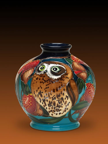 Moorcroft BooBook Owl vase | Period: 2015 Australian Exclusive design | Make: Moorcroft | Material: Pottery | BooBook Owl view one