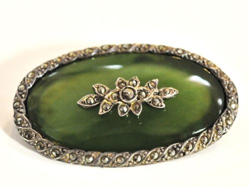 Nephrite Jade & Marcasite Brooch | Period: c1935 | Make: Handmade | Material: Sterling Silver, Nephrite Jade & Marcasite