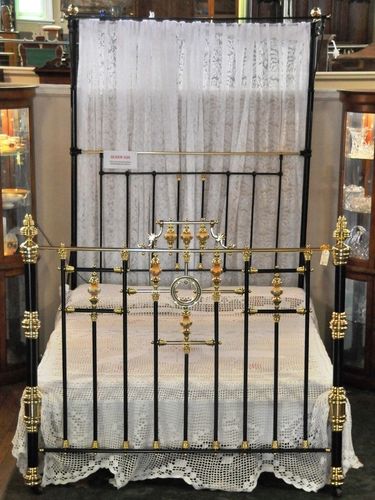 Queen Brass, Iron & Porcelain Bed | Period: Victorian 1895 | Material: Brass, iron & porcelain