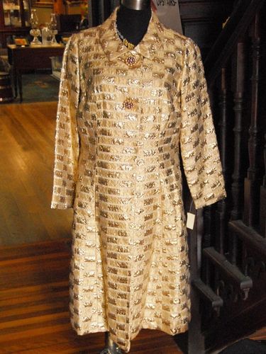 Gold lame Dress Coat | Period: c1960s | Make: Myer | Material: Gold lame with bead belt buttons