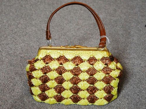 Raffia Straw Bag | Period: c1950s | Material: Multi-toned raffia with leather handle
