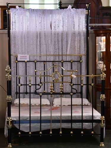 Queen Size Brass & Iron Bed | Period: c1890s | Material: Brass, Iron & Porcelain