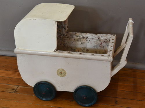 Dolls Pram | Period: c1960s | Make: Handmade | Material: White painted timbers