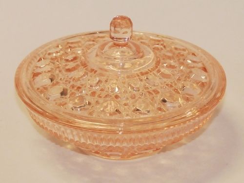 Depression Glass Lidded Bowl | Period: 1930s | Material: Pink hobnail glass