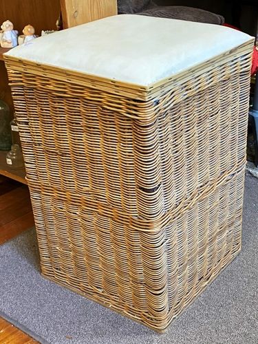 Cane Laundry Basket | Period: 1950s | Material: Cane , vinyl upholstered top
