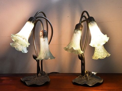 Pair Tulip Lamps | Period: 1970s | Material: Bronze base with leaf pattern art glass shades