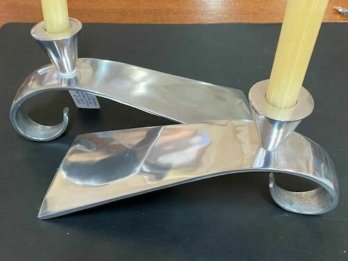 Pair 'Comma' Candle Holders | Period: 1980s | Make: Mathew Hilton | Material: Chrome plated | Pair of 'Comma' Candle Sticks