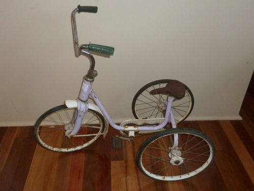 Child's Tricycle | Period: Vintage | Material: Steel & Tin; Solid rubber tyres | Tricycle - note pedals drive rear wheels not front wheel as is usual
