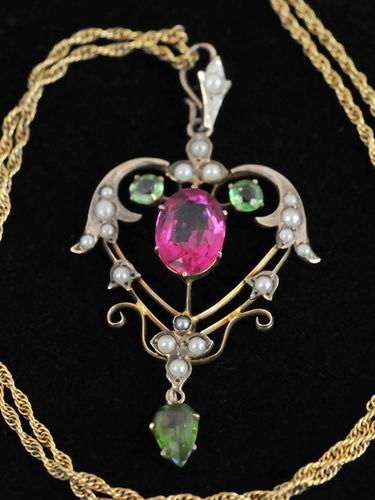 Paste Pendant | Period: Victorian | Material: 9ct gold, pink & green paste and seed pearls