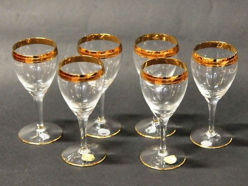 Set 6 Glass Wines | Period: c1950 | Make: Bohemia | Material: Glass with gold trim