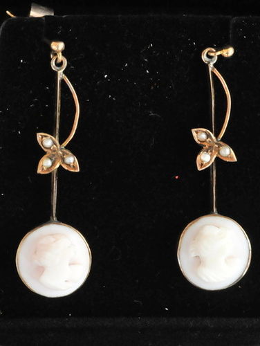 Cameo Earrings | Period: Edwardian c1910 | Material: Cameo, 9ct gold and seed pearls