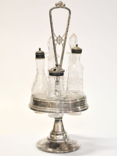 5 Bottle Cruet Set | Period: c1890 | Make: Reed & Barton | Material: Silver Plate and sand-blasted glass
