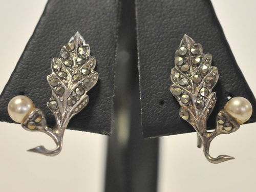 Screw On Earrings | Period: Art Deco c1935 | Material: Sterling Silver, Marcasite and Pearl