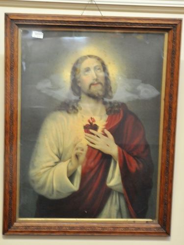 Framed Print of Jesus | Period: c1920s | Material: Carved oak frame
