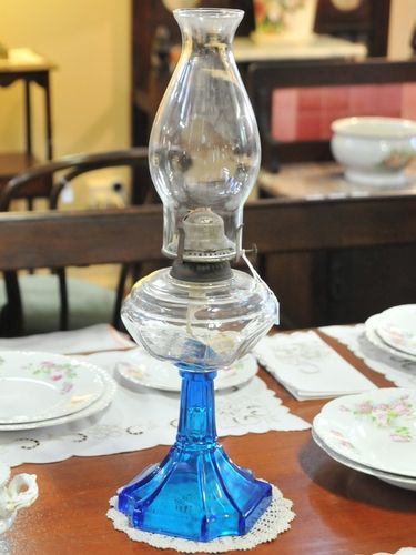 Oil Lamp | Period: Edwardian c1910 | Material: Blue & clear glass